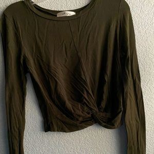 Olive Green Long Sleeve Top With Tied Knot